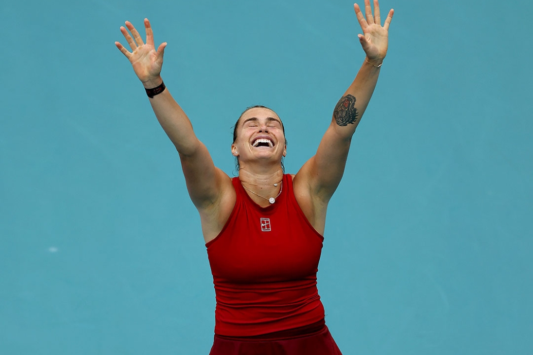 Aryna Sabalenka celebrates her Miami Open triumph