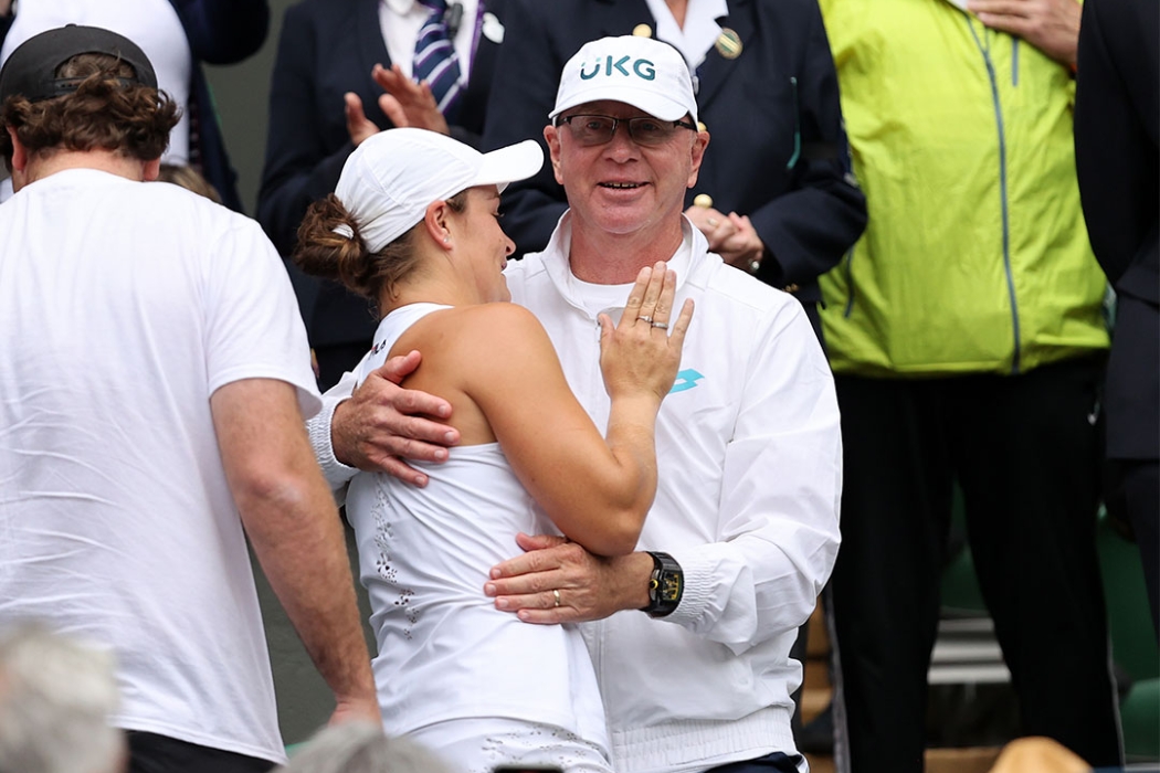 Craig Tyzzer and Ash Barty celebrate Barty's 2021 Wimbledon triumph