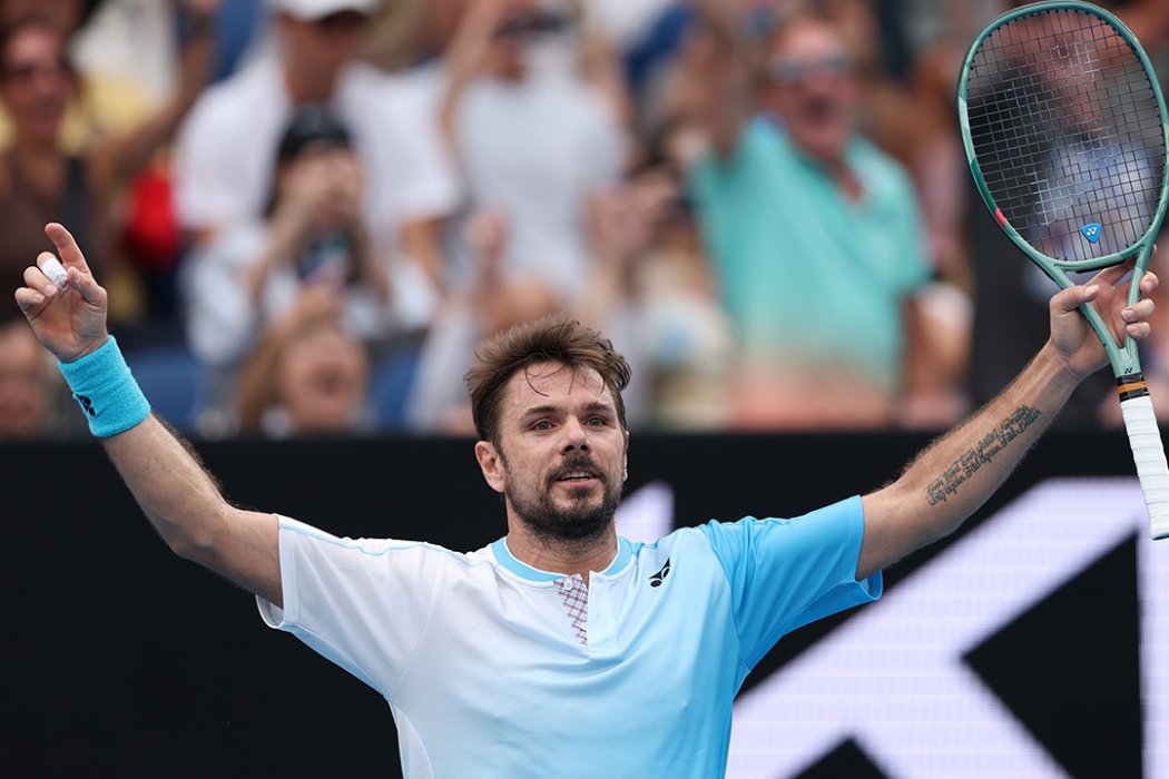 Stan Wawrinka celebrates his first-round win over Laslo Djere at AO 2026