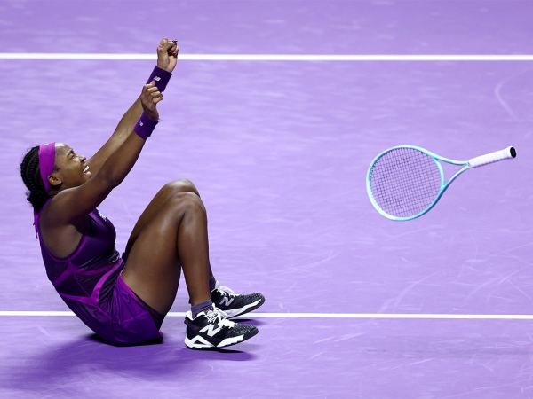 Coco Gauff celebrates her victory at the WTA Finals